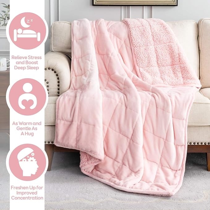 Cottonblue Fleece Weighted Blanket 15lbs for Adults Twin Size 48x72in Soft | Cozy Warm Sherpa Flannel Pink Weighted Blankets Throw for Sleep Calm Relax, Fuzzy Faux Fur Heavy Blanket for Bed Couch Sofa