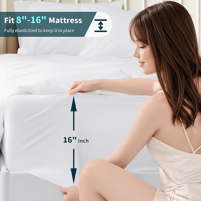 LBRO2M 100% Egyptian Cotton Sheets 1200 TC, Deep Pocket 16", 4Pcs, Queen | Long Staple Cotton Bed Sheets, Extra Soft and Breathable Sheets, Cozy for All Seasons, White