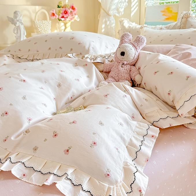 mixinni Shabby Chic Tiny Pink Floral Duvet Cover Full, 100% Cotton Reversible Bedding with Double Ruffle Black Lace Trim, Vintage Farmhouse Princess Comforter Cover with Zipper & Corner Ties