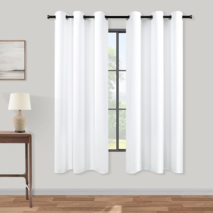 KOUFALL White Curtains 63 Inch Length 2 Panels Set Grommet Lightweight 60-70% Blackout Energy Saving Opaque Semi Black Out Simple Curtains for Bedroom Living Room