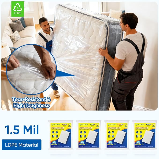 TICONN 2PK Plastic Mattress Bags for Moving, Waterproof Mattress Cover | 3D Gusset Design, Tear Resistant & Dust Protection, Multiple Sizes /Thickness Options, Reusable Mattress Protector
