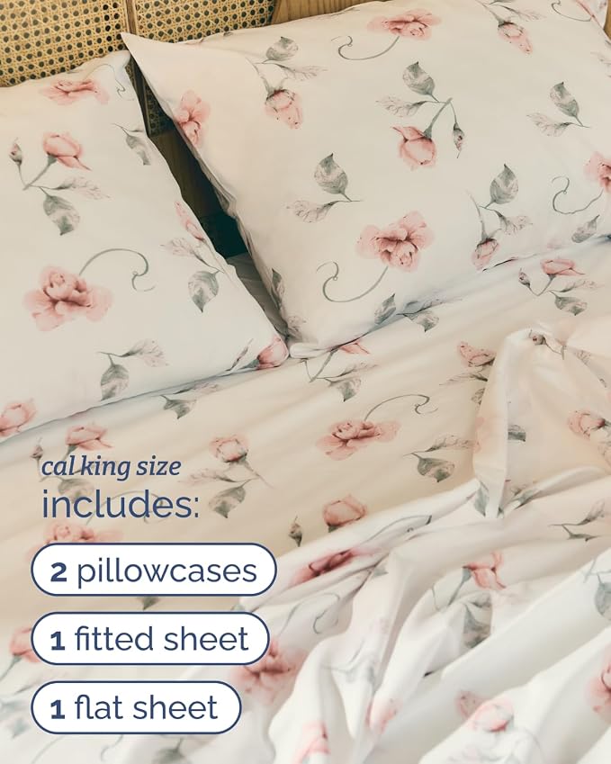 Cal King 4 Piece Floral Sheet Set - Soft, Breathable & Cooling - Rosebud | 1 Flat, 1 Fitted & 2 Pillowcases w/ Deep Pockets, Boho Botanical Floral Bedding, Breathable & Cooling, Wrinkle & Fade Free