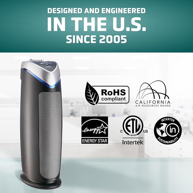 GermGuardian HEPA Air Purifier - Large Room Air Purifier for Bedroom, Office, Dorm, and Home - Filters Pet Dander, Dust, Pollen, Smoke, Scents - AC4825E - 22" Tower - Gray