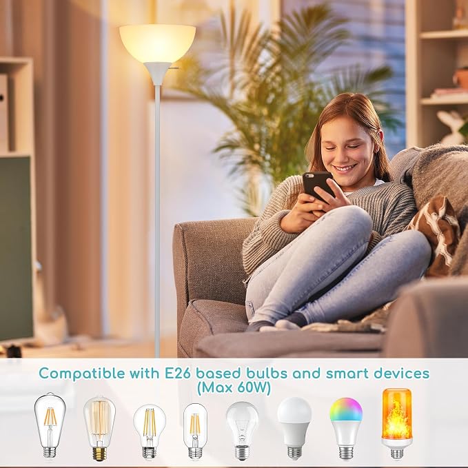 Coucrek Floor Lamp, LED Standing Lamps with White Plastic Shade, Corner Floor Lights for Living Room Bedroom, Rotary Switch, Bulb not Included, White