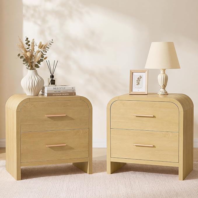 Night Stand Set of 2 [Unique Curved Profile] [FSC-Certified Wooden Board] 2-Drawer Nightstand 24" H Metal Handle Modern Sturdy Bedside Table Side Table End Table | [Curved Profile] [FSC-Certified Wooden Board] Nightstand 24" H Metal Handle Modern Bedsi...