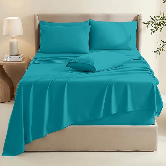 Hearth & Harbor Extra Deep Pocket Queen Sheets Sets - Fits Mattress 18-24 Inches Deep - Extra Deep Pocket Sheets - 6 Piece Queen Size - Teal