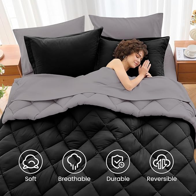 7 Pieces King Comforter Set, Reversible Bed in a Bag King Size, All Season Bedding Set with Comforter, Flat Sheet, Fitted Sheet, Pillowcases & Shams, Black & Soot