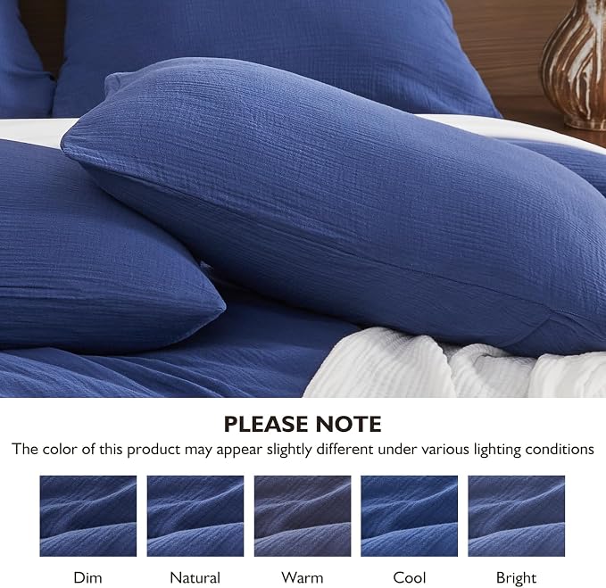 EMME Muslin Cotton Duvet Cover Set Navy Queen Size Linen Like Soft Breathable Lightweight Summer Comforter Cover Set with Zipper Closure (Navy, Queen, 90"x90")