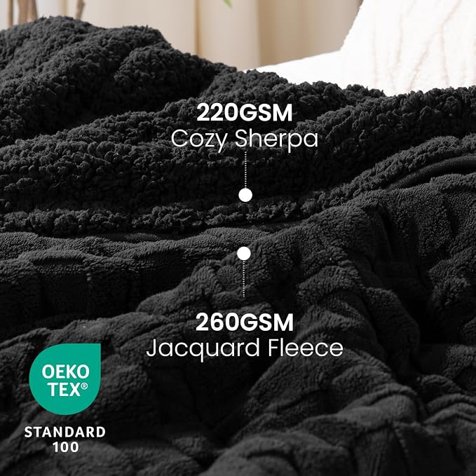Drewin Weighted Blanket Twin Size for Adults 15lbs,Black,48 x 72 inches | Great for Sleep Natural and Relaxing，Soft Jacquard Sherpa with Glass Beads，Cozy Heavy Throw Blankets，Machine Washable