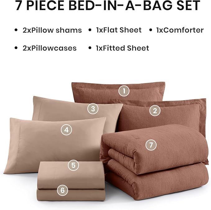 Monbix King Comforter Set 7 Pieces Terracotta Cationic Dyeing Bed in a Bag | Lightweight Reversible All Season Bedding Sets with Comforter, Sheets, Pillowcases & Shams