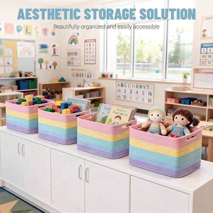 5 Pack Woven Storage Baskets, Decorative Storage Bins for Organizing | 13.8'' × 9.8'' × 7.9'', Cute Cotton Rope Basket Organizer for Closet, Shelves, bathroom, Nursery, Toys, Books, Rainbow