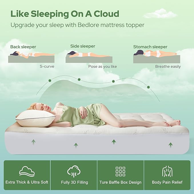 BEDLORE Queen Mattress Topper Viscose Bamboo, Thick Pillow Top Mattress Pad | Stretchable Pockets Fit 6”-18” Mattress, Soft Breathable Mattress Topper for Back Pain Relief and Hot Sleepers(White)