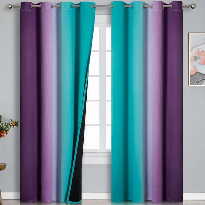 Ombre Teal and Purple Blackout Curtains for Kids Bedroom | Room Darkening Thermal Insulated Gradient Curtains, Full Light Blocking Grommet Drapes for Living Room,52Wx96L Inch, 2 Panels