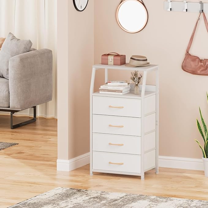 Furnulem Tall Nightstand with 4 Fabric Drawers, Small Dresser for Bedroom | White Dorm Bedside Table , Dresser for Closet, Storage Drawer for Living Room, Entryway, Furniture, Metal Frame, Wood Top