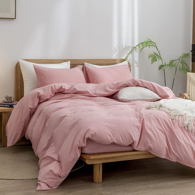 BESTOUCH Cotton Solid Duvet Cover Set Linen Feel Red Pink King | 100% Washed Cotton, Soft Wrinkle Texture, Hidden Zipper, 8 Ties, Breathable Lightweight Durable Comfy, 3 Pcs No Insert