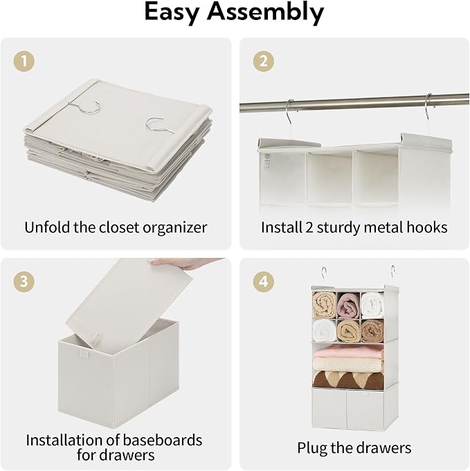 GRANNY SAYS 4-Shelf Hanging Closet Organizer with Drawer, Foldable Storage | Dividers Closet Hanging Organizer, No-Sag Support, Keeps Clothes Neat, Folds Flat, Fits RV, Dorm & Small Closets, Beige