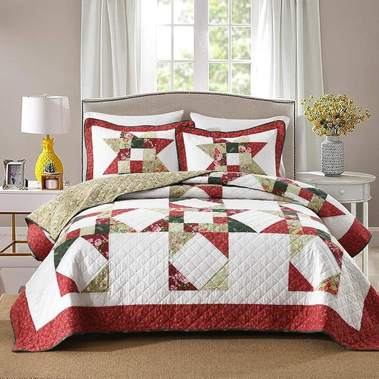 Cotton Quilt Bedding Sets 3 Pieces Soft Reversible Coverlets Luxury Star Real Patchwork Bedspread, Red White, Queen Size | Real patchwork