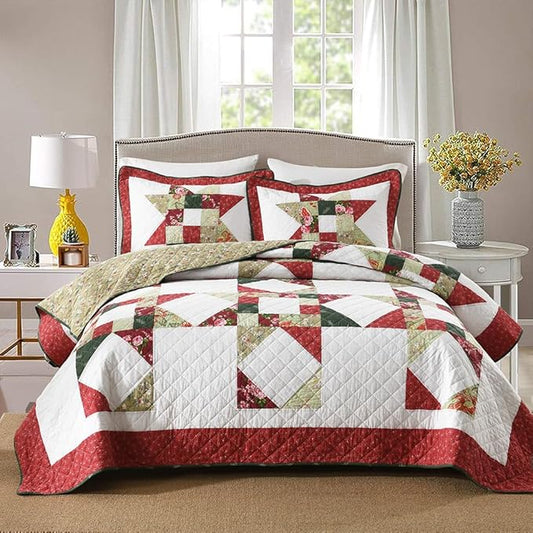 Cotton Quilt Bedding Sets 3 Pieces Soft Reversible Coverlets Luxury Star Real Patchwork Bedspread, Red White, King Size | Real patchwork
