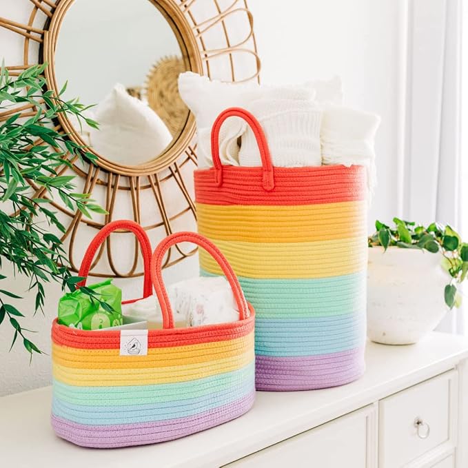 OrganiHaus Rainbow Laundry Basket & Hamper, Nursery Playroom 52L | Rainbow - Rainbow Cotton Rope Hamper, Nursery 52L