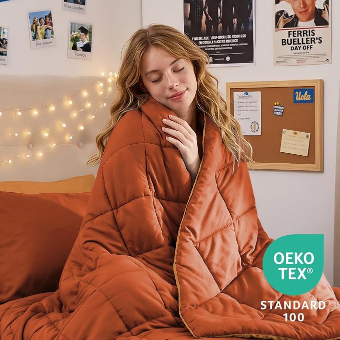 5 Pieces Twin XL Comforter Set, Reversible Bed in a Bag Twin XL Size, All Season Bedding Set with Comforter, Flat Sheet, Fitted Sheet, Pillowcases & Shams, Burnt Orange & Camel