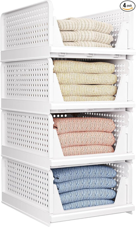4 Pack Folding Closet Organizers Storage Box, Stackable Storage Bins, Plastic Drawer Basket Closet Storage for Wardrobe Cupboard Kitchen Bathroom Office White-4L | White Stackable Plastic Drawer Bins for Closets, Wardrobes, Kitchens, Bathrooms, Offices
