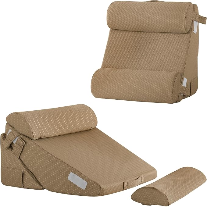 Adjustable 4pcs Bed Wedge Pillow Set, Memory Foam Wedges Pillow Post Surgery for Back, Neck, Leg Pain Relief, Pillows Wedge for Sleeping, Sitting up in Bed, Acid Reflux and GERD, Brown