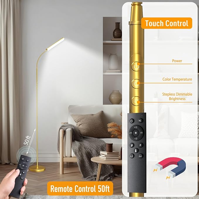 marctronic Gold Floor Lamp, 18W 1800LM Bright LED Floor Lamps for Living Room Bedroom, Dimmable Timing Eye Caring Reading Standing Lamp with Remote & Works with Smart Plug