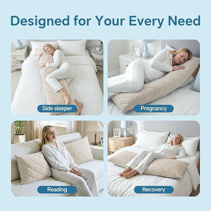 BEDELITE Cooling Body Pillow, Memory Foam Filled, Linen, 20x54 Inches | Soft & Cool-Touch Quilted Nylon-Spandex Cover, Adjustable Fill, Perfect for Side Sleepers, Hot Sleepers, Pregnancy, Back Pain