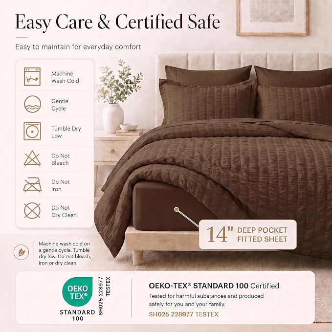 Full Size Comforter Sets, 7 Pieces Brown Seersucker Bed in a Bag | OEKO-TEX Certified, All Season Bedding Set with 240 GSM Down Alternative Comforter, Flat & Fitted Sheets, Pillowcases & Shams
