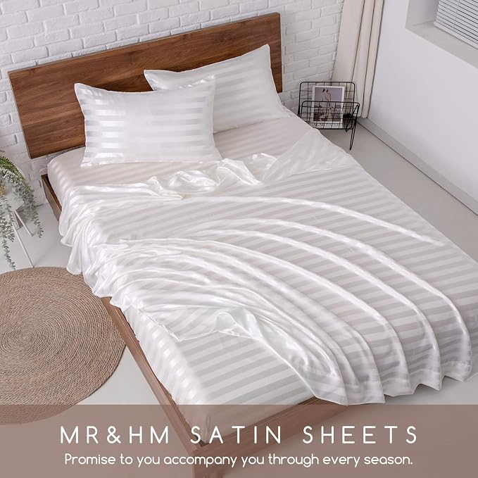 MR&HM Satin Sheets King Size with Elastic Corner Straps, Ivory Striped | Similar to Silk, 4-Piece Silky Soft Bed Sheet Set, Gentle on Skin and Hair, 15" Deep Pocket, Cooling & Breathable