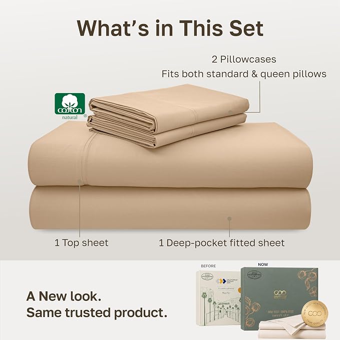 California Design Den Luxury 600 Thread Count Queen Bedsheets, Golden Tan | 100% Cotton Sateen Backed by Good Housekeeping Seal, Soft & Smooth, 16" Deep Pocket, All-Around Elastic, Easy Care, 4 Pc Set