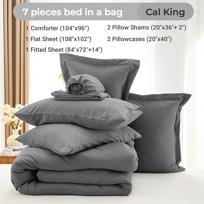 7 Pieces California King Comforter Set, Soft Bed in a Bag Cal King Size, All Season Bedding Set with Comforter, Flat Sheet, Fitted Sheet, Pillowcases & Shams, Dark Grey