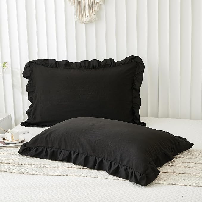 Black Pillow Shams Black Ruffle Queen Pillowcases Cute Pillow Cover Set of 2 Shabby Chic Soft Microfiber Pillowcases 2 Pack (Queen (20''x30'')