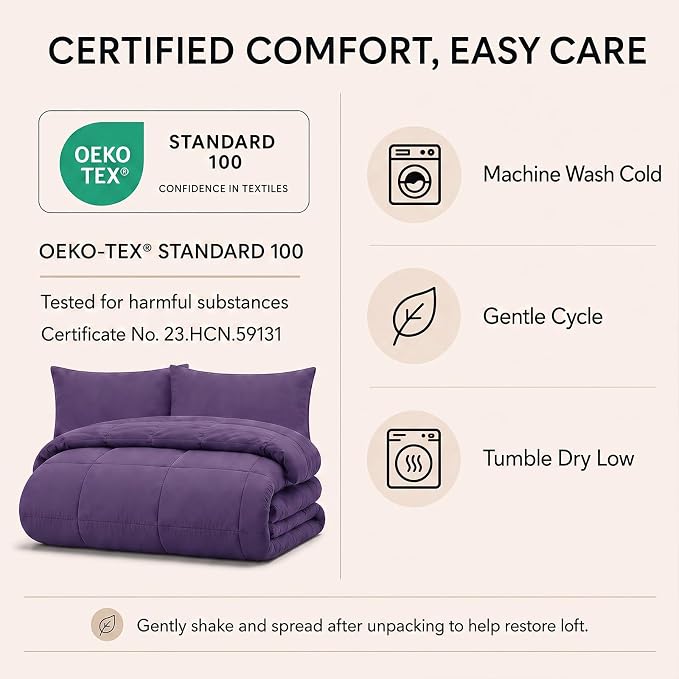 Queen Comforter Set Purple - 7 Pieces Bed in a Bag | OEKO-TEX Certified, All-Season, Bedroom, Guest Room, Down-Alternative Comforter + Flat & Fitted Sheets + 4 Pillowcases