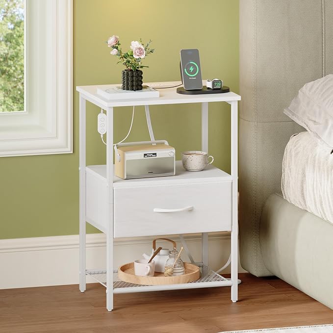 Somdot Nightstand with Charging Station & LED Light, Bedroom Bedside Table | Dorm, Guest Room, Kids Room, Laundry, Closet, Entryway and Hallway, White