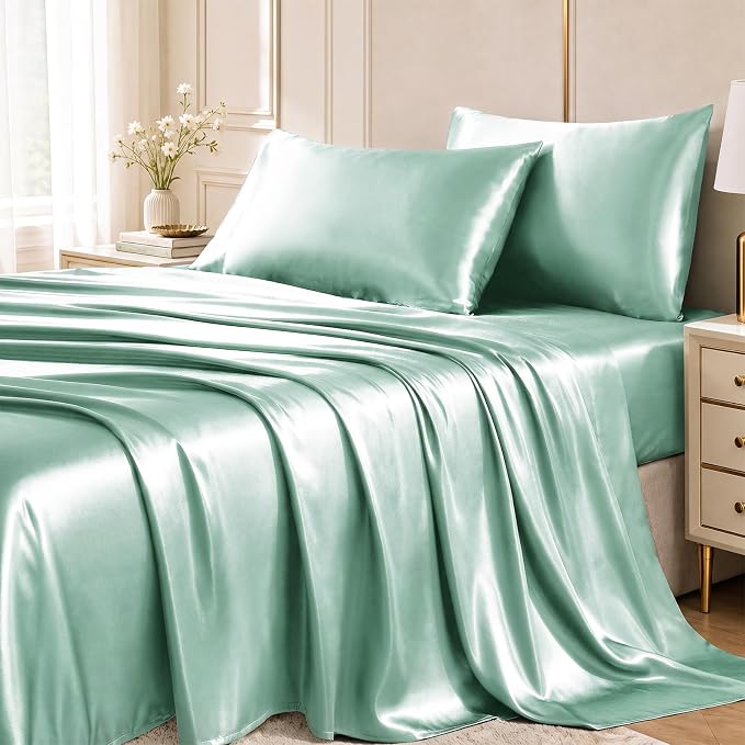 CozyLux Satin Sheets King, 4-Piece 14-Inch Deep Pocket Sheet Set | OEKO-TEX Certified Silky Soft Sheet Set for Hair & Skin, Luxurious Silky-Smooth Satin for Elegant Bedroom Decor, Aqua