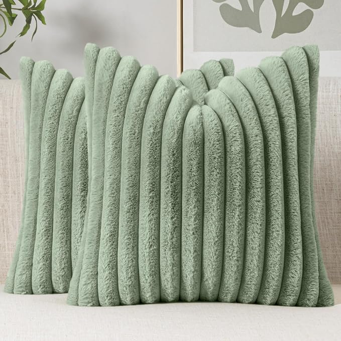 MIULEE Faux Fur Decorative Throw Pillow Covers 16x16 Set of 2 Sage Green | Modern Soft Plush Couch Pillows, Cozy Fluffy Cushion Covers for Sofa Bed Living Room Home Decor
