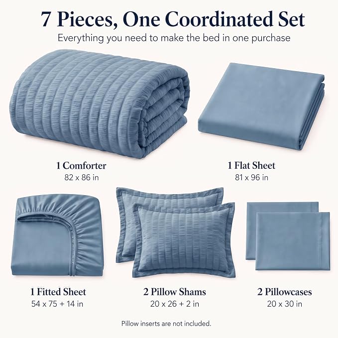 Full Comforter Sets, 7 Pieces Grayish Blue Seersucker Bed in a Bag | OEKO-TEX Certified, All Season Bedding Set with 240 GSM Down Alternative Comforter, Flat & Fitted Sheets, Pillowcases & Shams