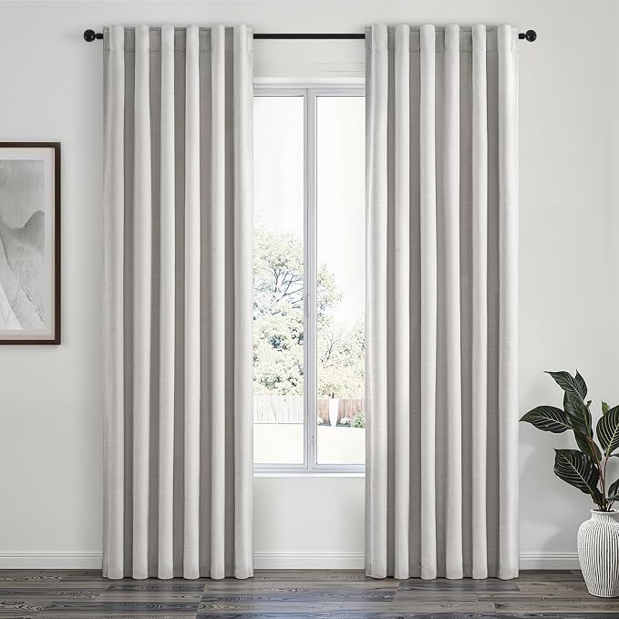 Topfinel 100% Blackout Curtains 90 Inches Long for Living Room 2 Panels Set Thick Linen Texture Energy Saving Curtain Window Coverings Hook Belt Pleated Drapes Aesthetic Bedroom(W40 xL90,Grey Beige)