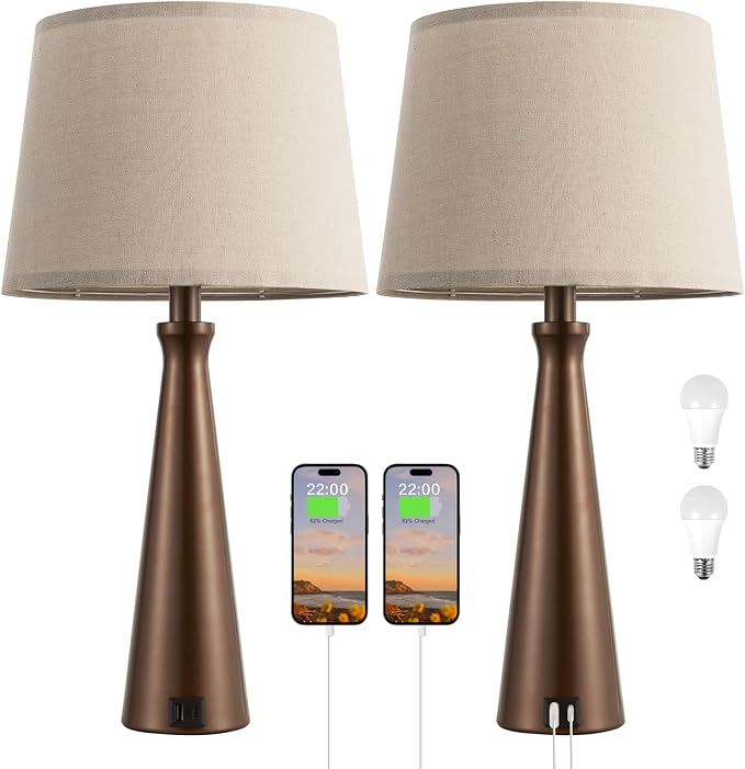 Modern Touch Lamps for Nightstand, 3 Way Dimmable Bedroom Lamp Set of 2 | USB C+A Charging Ports, Brown Bedside Lamps for Bedroom, Living Room, End Table, Bed Side, LED Bulb Included