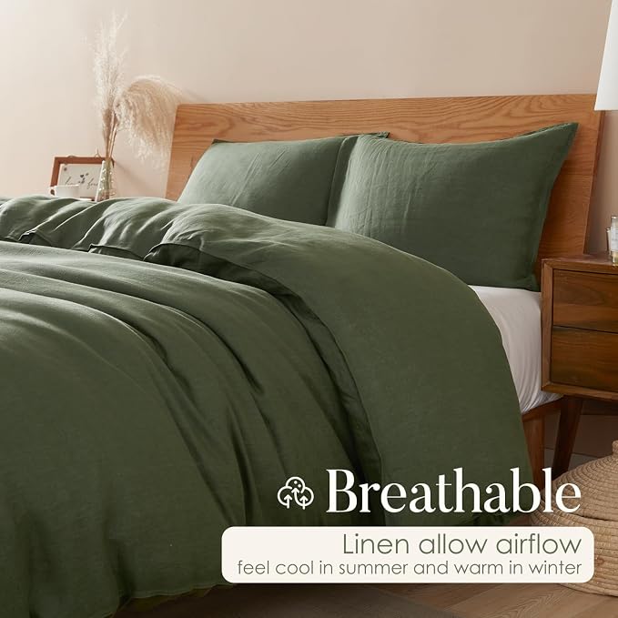 DAPU 100% French Linen Duvet Cover 3Pcs Set, 170GSM Linen Bedding, Queen | Soft Breathable All-Season for Hot sleepers, Corner Ties & Zipper Closure, French Linen Flax from Normandy, Olive Green