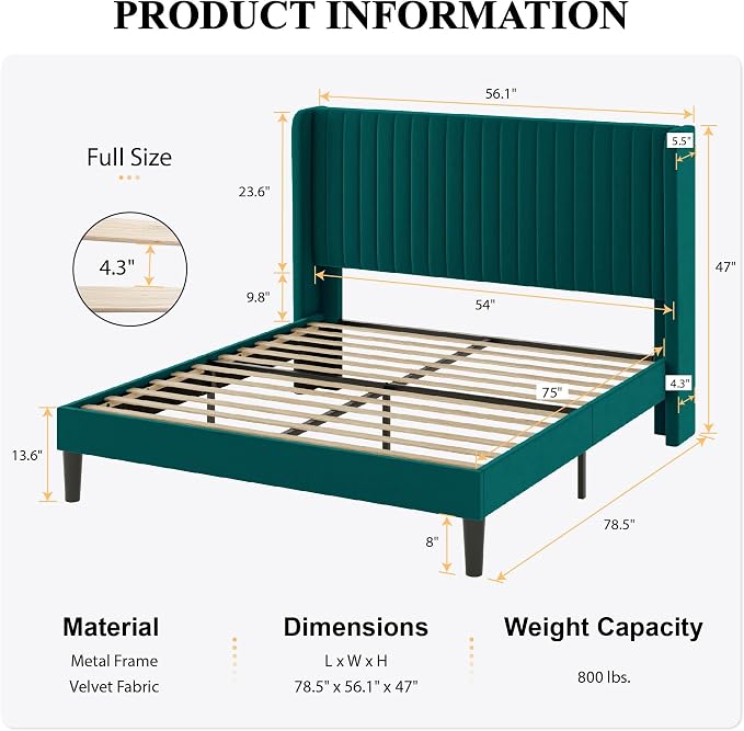 SHA CERLIN Full Size Velvet Bed Frame, Tufted Wingback Headboard, Teal | 47'' Modern Vertical Channel Headboard, Upholstered Platform Bed, Wood Slats, No Box Spring Needed, Easy Assembly, Noise Free