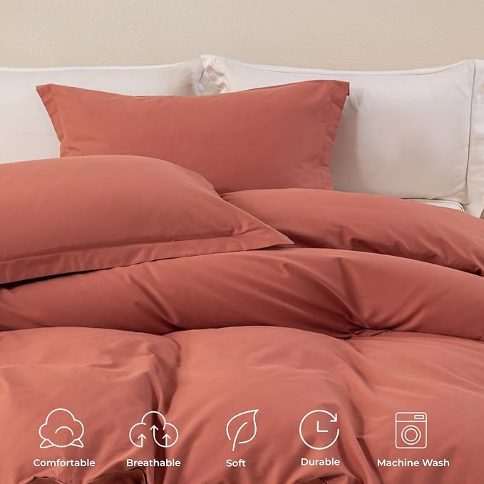 OAITE Duvet Cover Set 100% Washed Cotton Solid 3pcs | Soft,Durable,Long-staple Cotton,Hidden Zipper with 8 Interior Corner Ties,2 Pillowcases,68"X90"