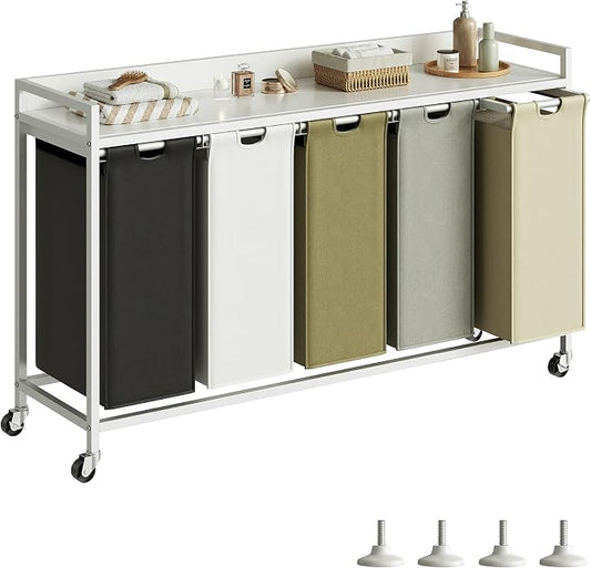 Herture Laundry Hamper with Shelf, Laundry Basket 5 Section, Laundry Sorter with Pull-Out Removable Large 5 Color Bags and Movable Wheels, Metal Frame, 5 x 15.87 Gallons (60L), White PF08XLE