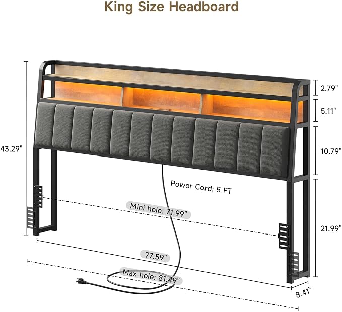 ComfyCorner King Size Headboard with Storage & LED Light, Black & Brown | Upholstered Ergonomic Head Board with Power Outlets & 2-Tier Storage, King Headboard Only, Bed Frame Mounting, Heavy Duty