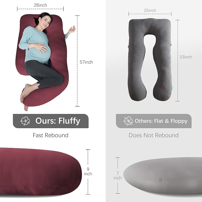 MOON PARK Pregnancy Pillows for Sleeping - U Shaped Full Body Maternity Pillow with Removable Cover - Support for Back, Legs, Belly, Hips - 57 Inch - Burgundy - Cooling Cover
