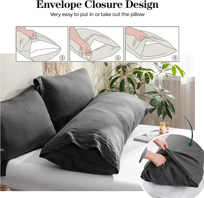 Simple&Opulence Body Pillow Cover 20" x 54",100% Pure Linen, Ultra Soft and Breathable, Body Pillowcase with Envelope Closure for Adults(Dark Grey)