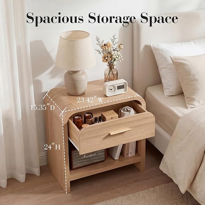 Night Stand Set of 2 [Unique Curved Profile] [FSC-Certified Wooden Board] 1-Drawer and 1 Storage Shelf Nightstand 24" H Metal Handle Modern Bedside Table Side Table End Table for Bedroom | [Curved Profile] [FSC-Certified Wooden Board] Nightstand 24" H ...