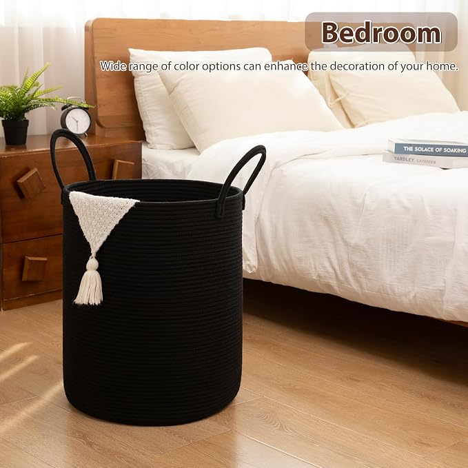 OIAHOMY 80L Nursery Hamper Laundry Basket Laundry Hamper Black | collapsible Blanket Basket Cotton Rope Woven Basket Dirty Clothes Hamper Baby Hamper Tall Clothes Hamper with Handles