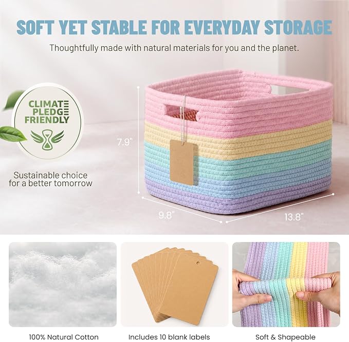 5 Pack Woven Storage Baskets, Decorative Storage Bins for Organizing | 13.8'' × 9.8'' × 7.9'', Cute Cotton Rope Basket Organizer for Closet, Shelves, bathroom, Nursery, Toys, Books, Rainbow
